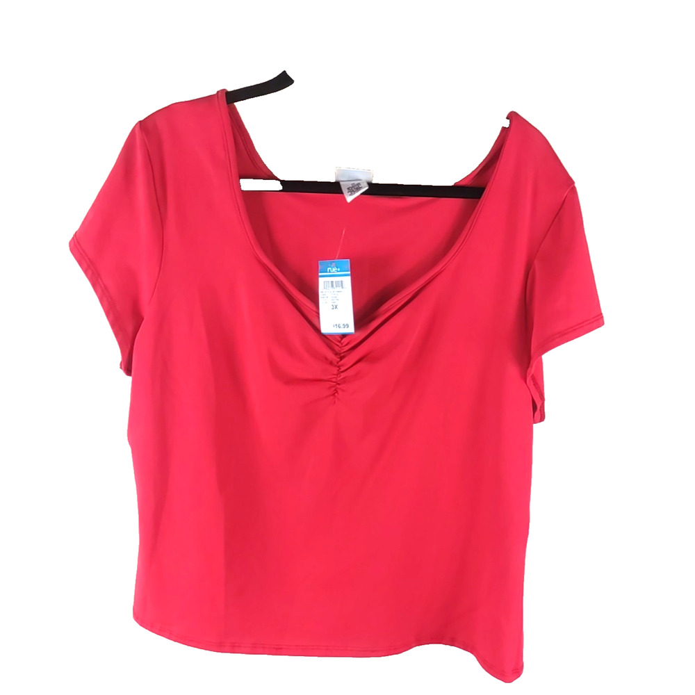 Rue + Women's Shirt Size 3 X Red Short Sleeve Runched T Shirt V Neck